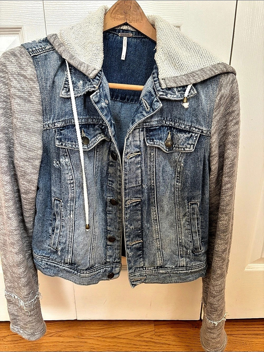 Free People We The Free Iggy Hooded Denim Jacket Blue & Gray Medium